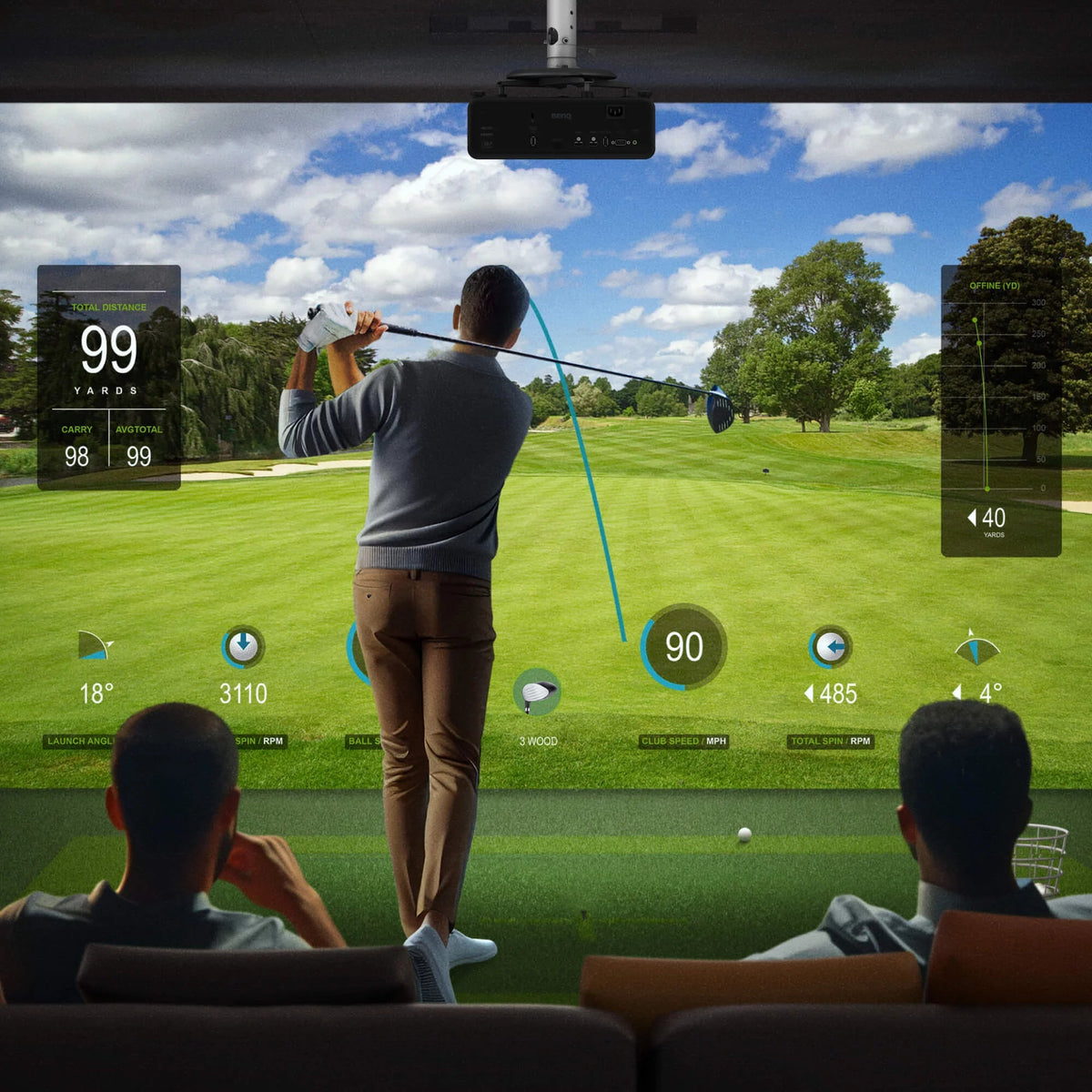 Home golfer using BenQ AK700ST 4000 Lumen 4K Short Throw Golf Simulator Projector with friends.