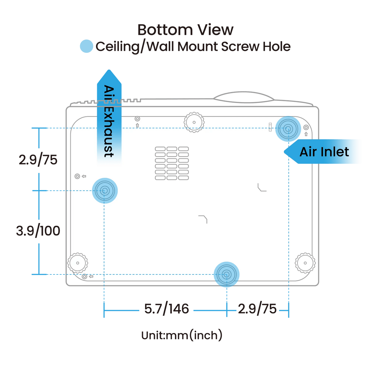 Bottom view of BenQ AK700ST 4000-Lumen 4K Short Throw Laser Golf Simulator Projector with mounting points.