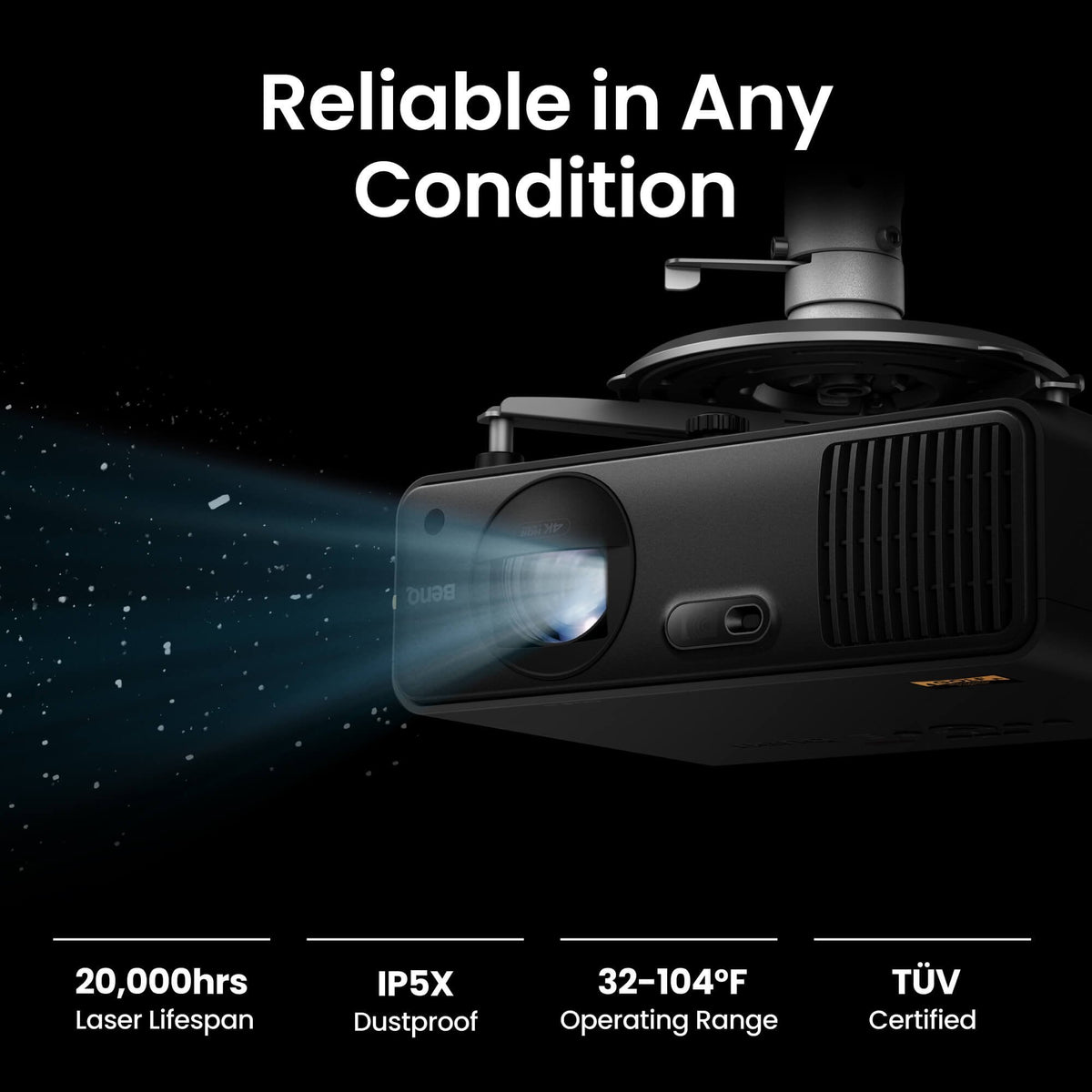 View of mounted BenQ AK700ST 4000 Lumen 4K Short Throw Golf Simulator Projector with explaining features