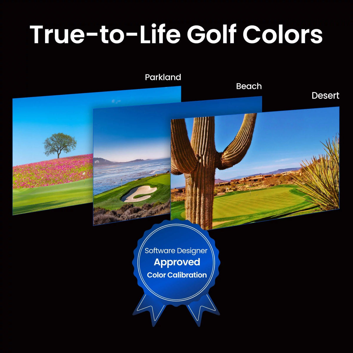 BenQ AK700ST 4000 Lumen 4K Short Throw Golf Simulator - Projector images displayed in parkland, beach, and desert settings.