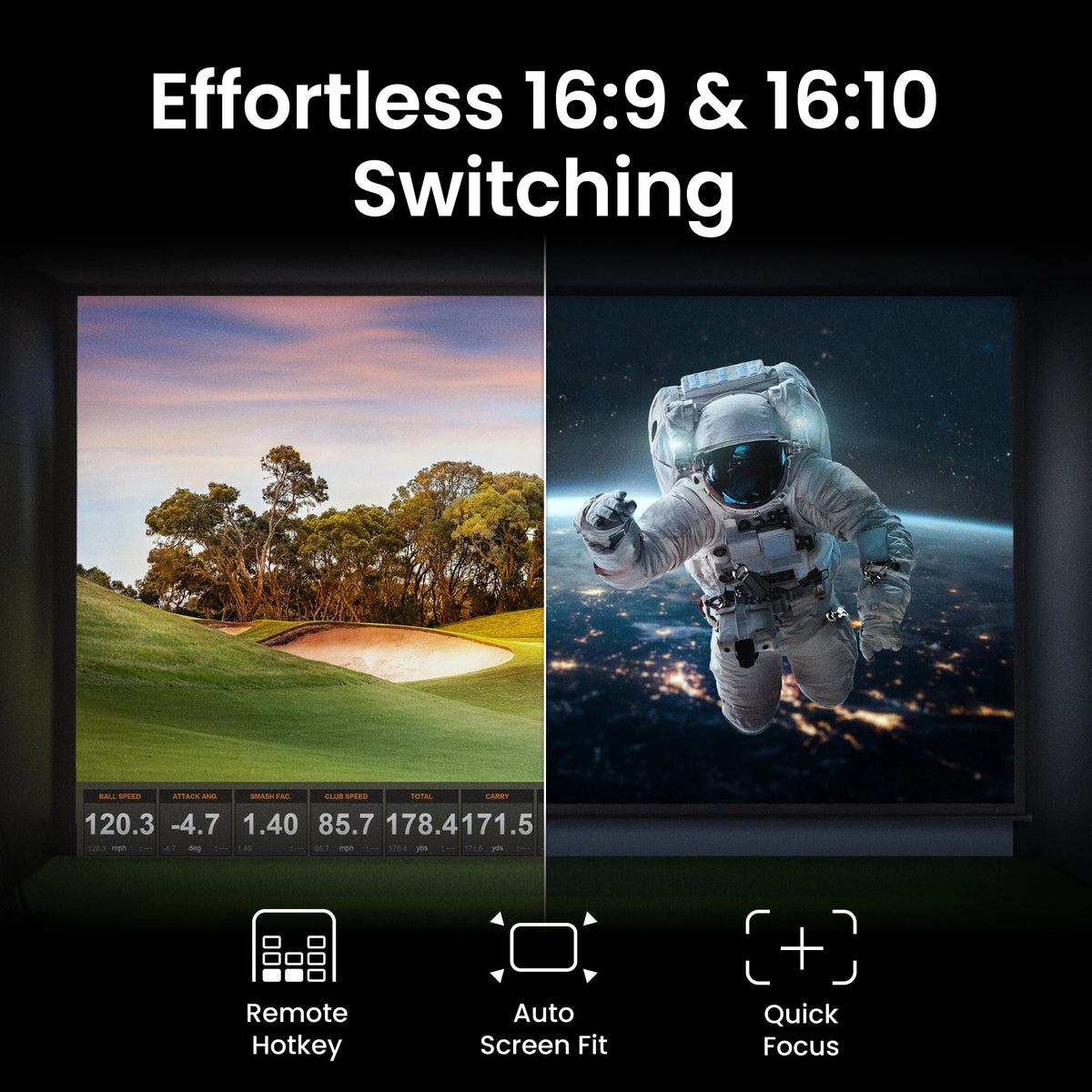 Picture of BenQ AK700ST showcasing features like effortless switching between 16:9 and 16:10, auto screen fit, and quick focus.