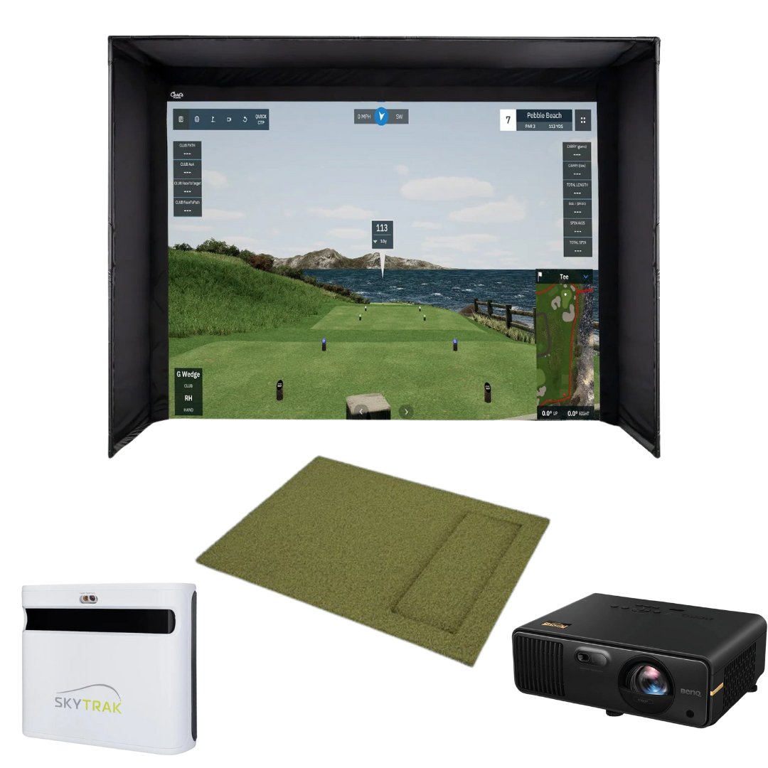 Picture of GSD Full Golf Simulator Package including Carl's Place enclosure and golf mat,  SkyTrak Plus, and BenQ AH700ST 4000 Lumens Short Throw 1080P Laser Golf Simulator Projector