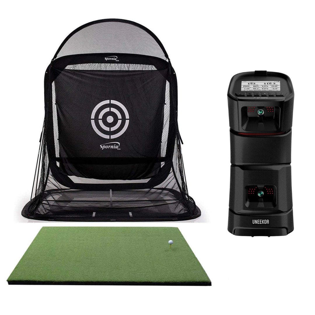 Front view of Spornia golf net, hitting pad, and UNEEKOR EYE MINI