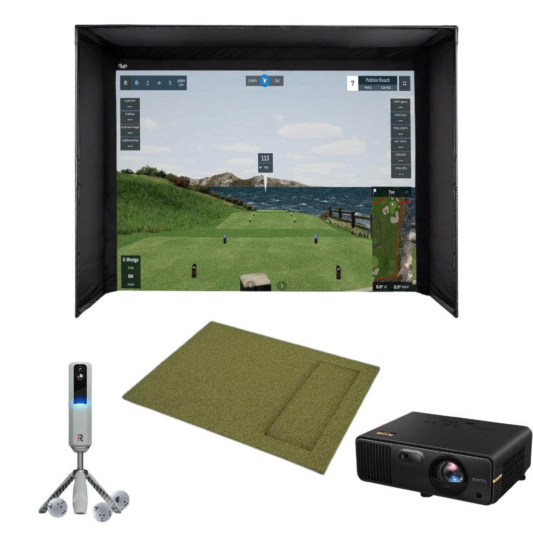 Picture of GSD Full Golf Simulator Package including Carl's Place enclosure and golf mat,  Rapsodo MLM2PRO, and BenQ AH700ST 4000 Lumens Short Throw 1080P Laser Golf Simulator Projector