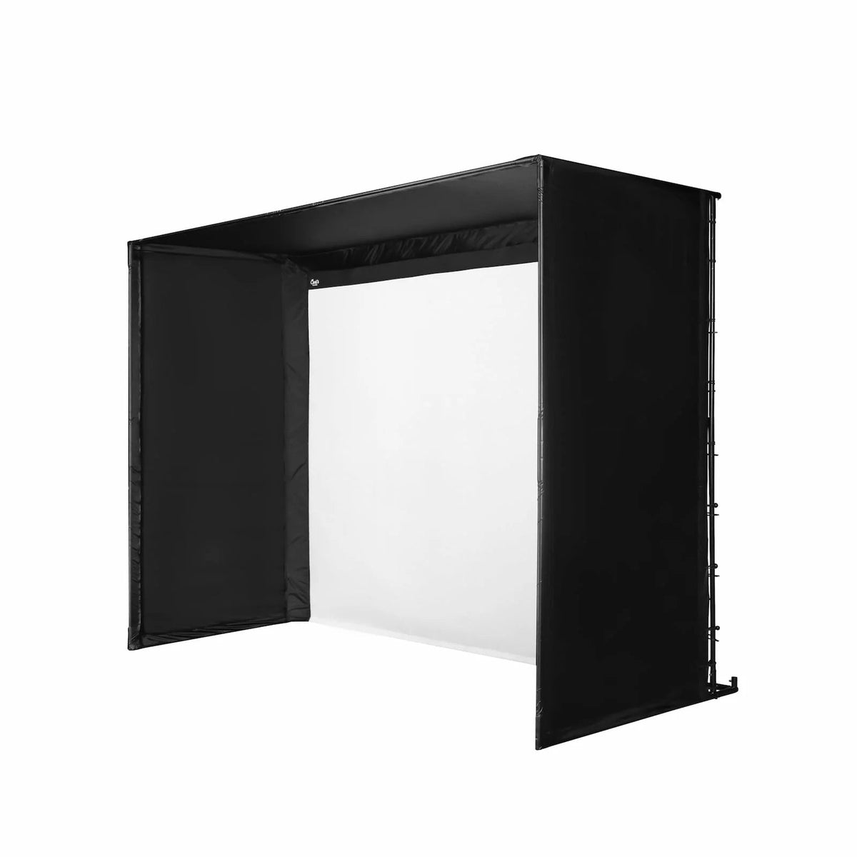 Angled View of Black Golf Enclosure with White Screen