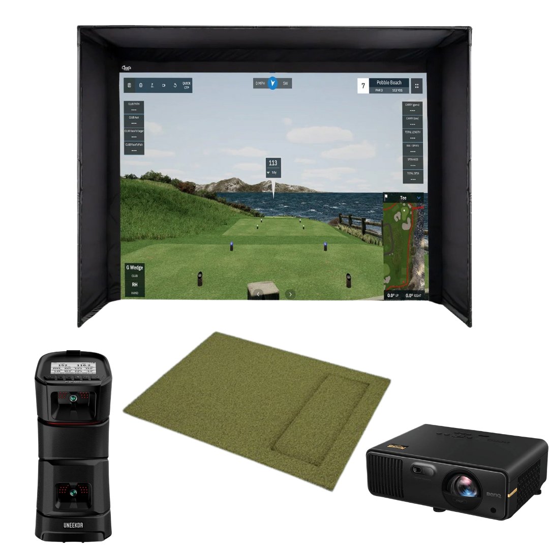 Picture of GSD Full Golf Simulator Package including Carl's Place enclosure and golf mat,  UNEEKOR EYE MINI, and BenQ AH700ST 4000 Lumens Short Throw 1080P Laser Golf Simulator Projector