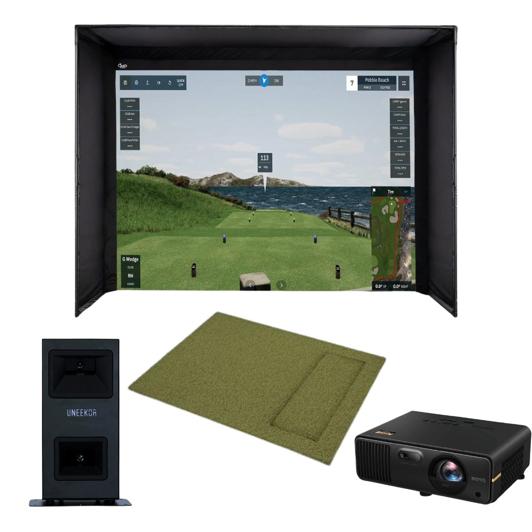 Picture of GSD Full Golf Simulator Package including Carl's Place enclosure and golf mat,  UNEEKOR EYE MINI, and BenQ AH700ST 4000 Lumens Short Throw 1080P Laser Golf Simulator Projector