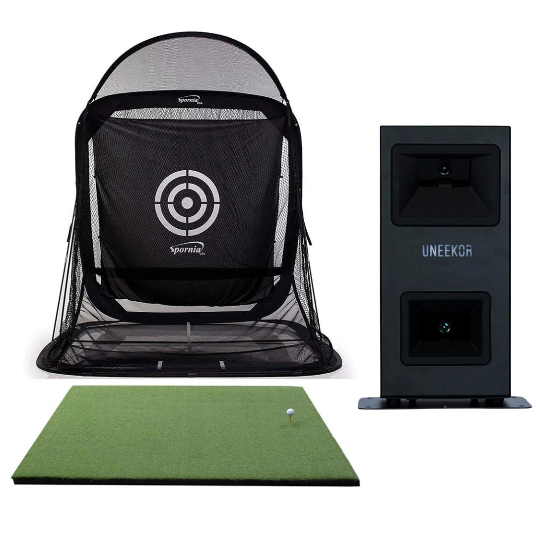 View of the Prostrike Golf Mat, Spornia Golf Practice Mat, and Eye Mini Lite Launch Monitor.