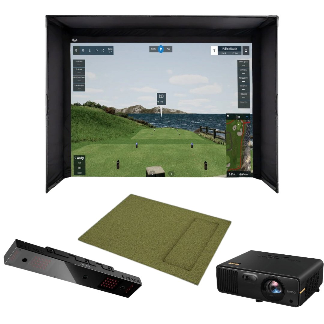 Picture of GSD Full Golf Simulator Package including enclosure,  UNEEKOR EYE XO2, golf mat, and AH700ST 4000 Lumens Short Throw 1080P Laser Golf Simulator Projector