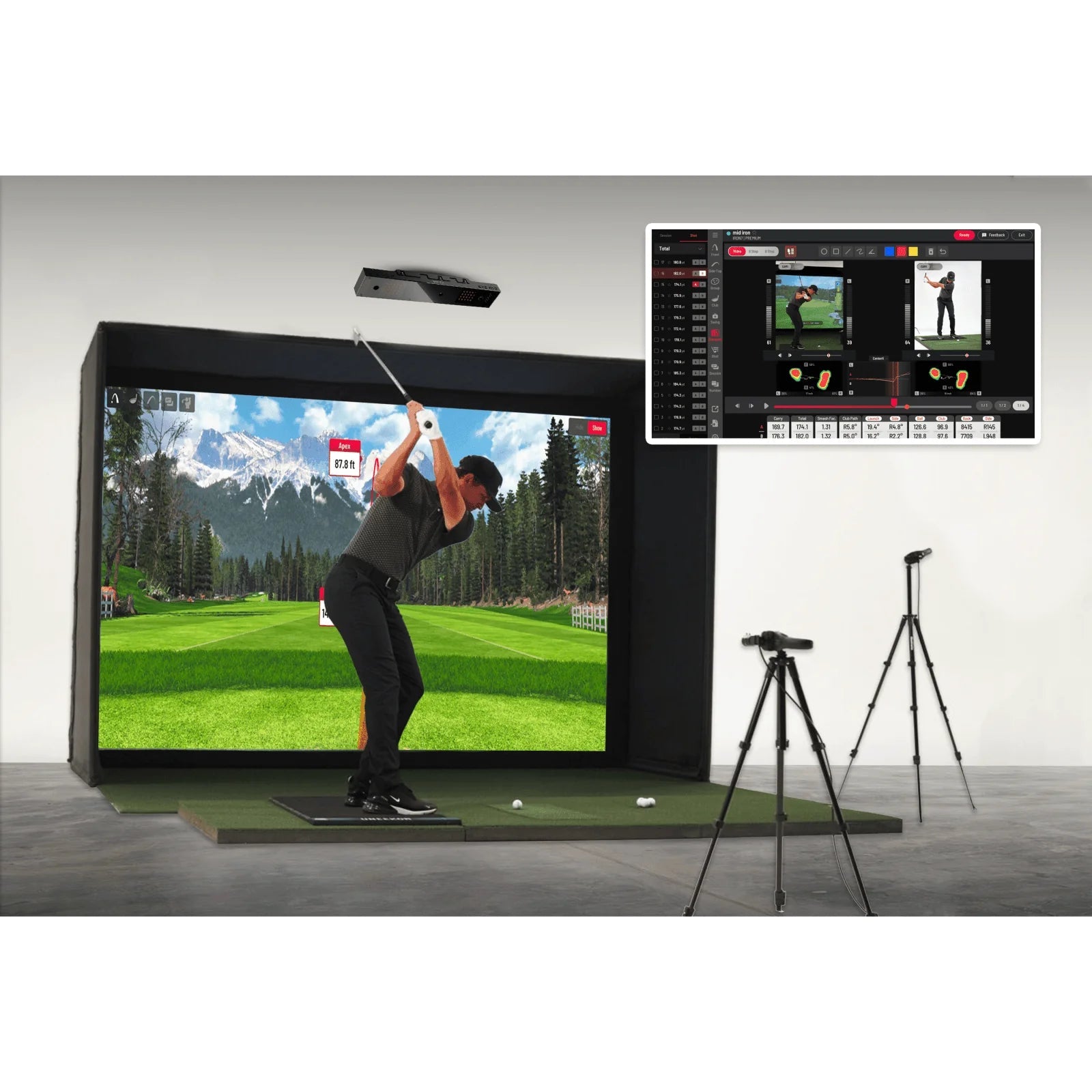 Uneekor Performance Pack - Golfer swinging on golf simulator with swing camera set-up.
